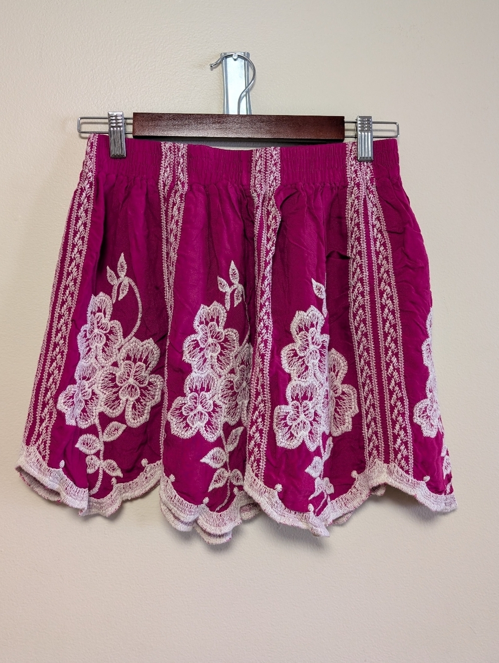 Solitare Embroidered Floral Skirt Pink Boho Scallop Hem Small